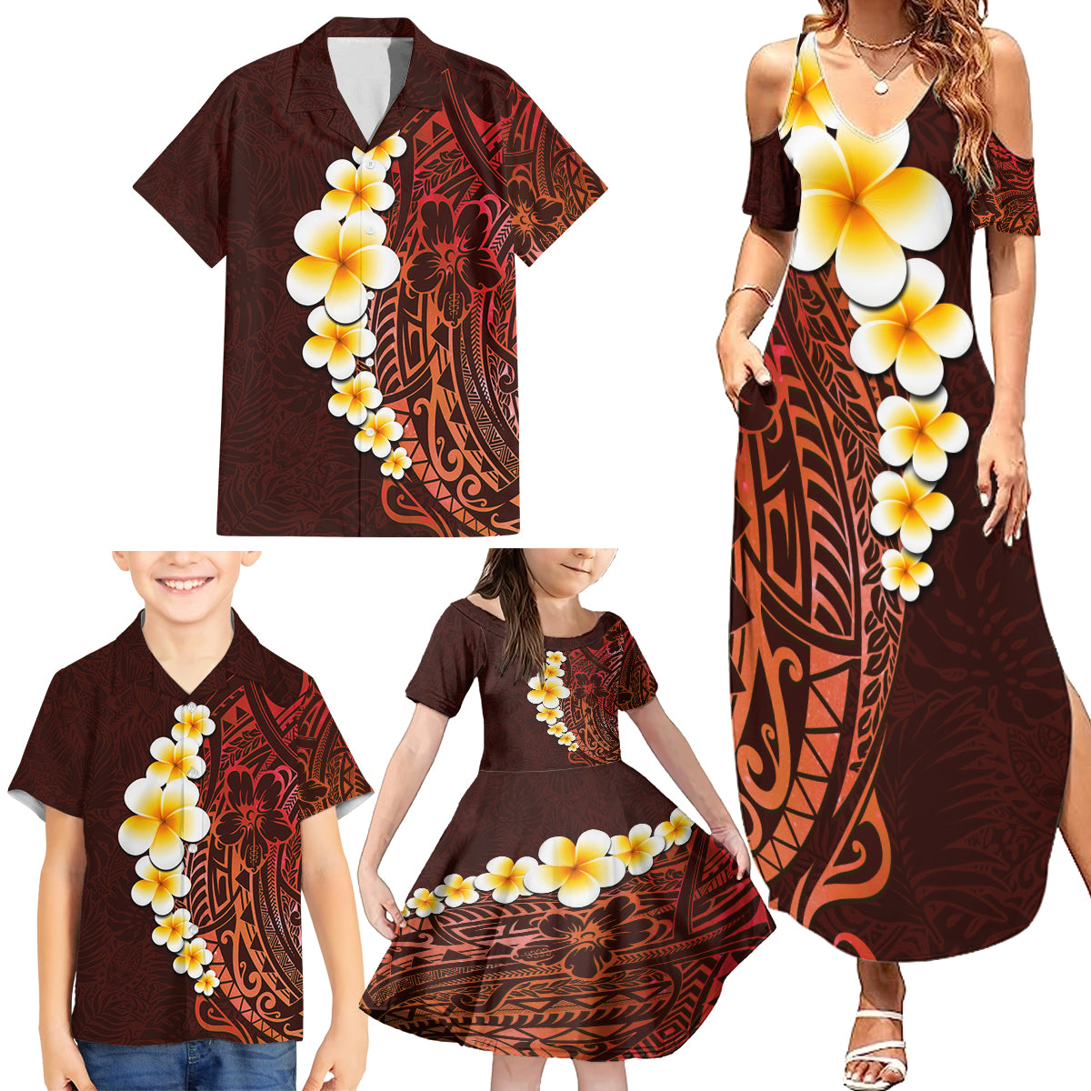 Red Tropical Plumeria With Galaxy Polynesian Art Family Matching Summer Maxi Dress and Hawaiian Shirt LT14 - Polynesian Pride