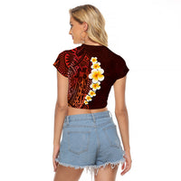 Red Tropical Plumeria With Galaxy Polynesian Art Raglan Cropped T Shirt LT14 - Polynesian Pride