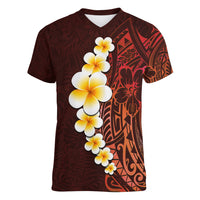 Red Tropical Plumeria With Galaxy Polynesian Art Women V Neck T Shirt LT14 Female Red - Polynesian Pride