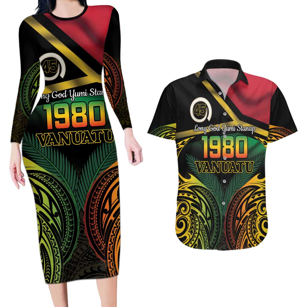 Vanuatu 1980 Couples Matching Long Sleeve Bodycon Dress and Hawaiian Shirt Hapi 45 Yia Indipendens Anivesari