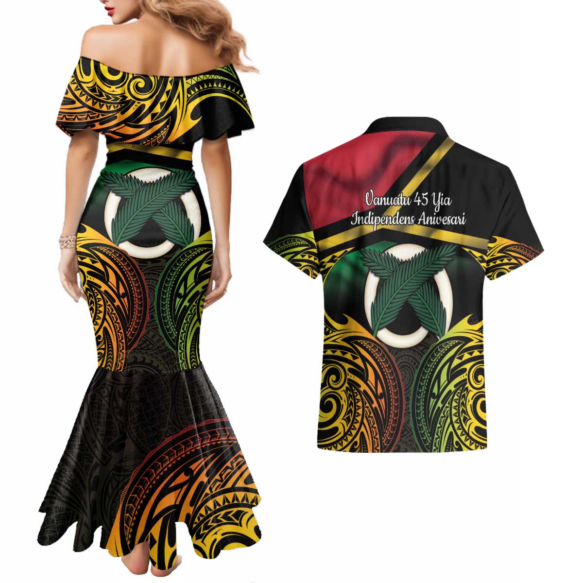 Vanuatu 1980 Couples Matching Mermaid Dress and Hawaiian Shirt Hapi 45 Yia Indipendens Anivesari