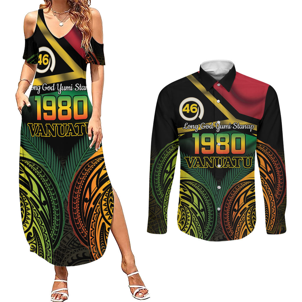 Vanuatu 1980 Couples Matching Summer Maxi Dress and Long Sleeve Button Shirt Hapi 46 Yia Indipendens Anivesari LT14 Black - Polynesian Pride