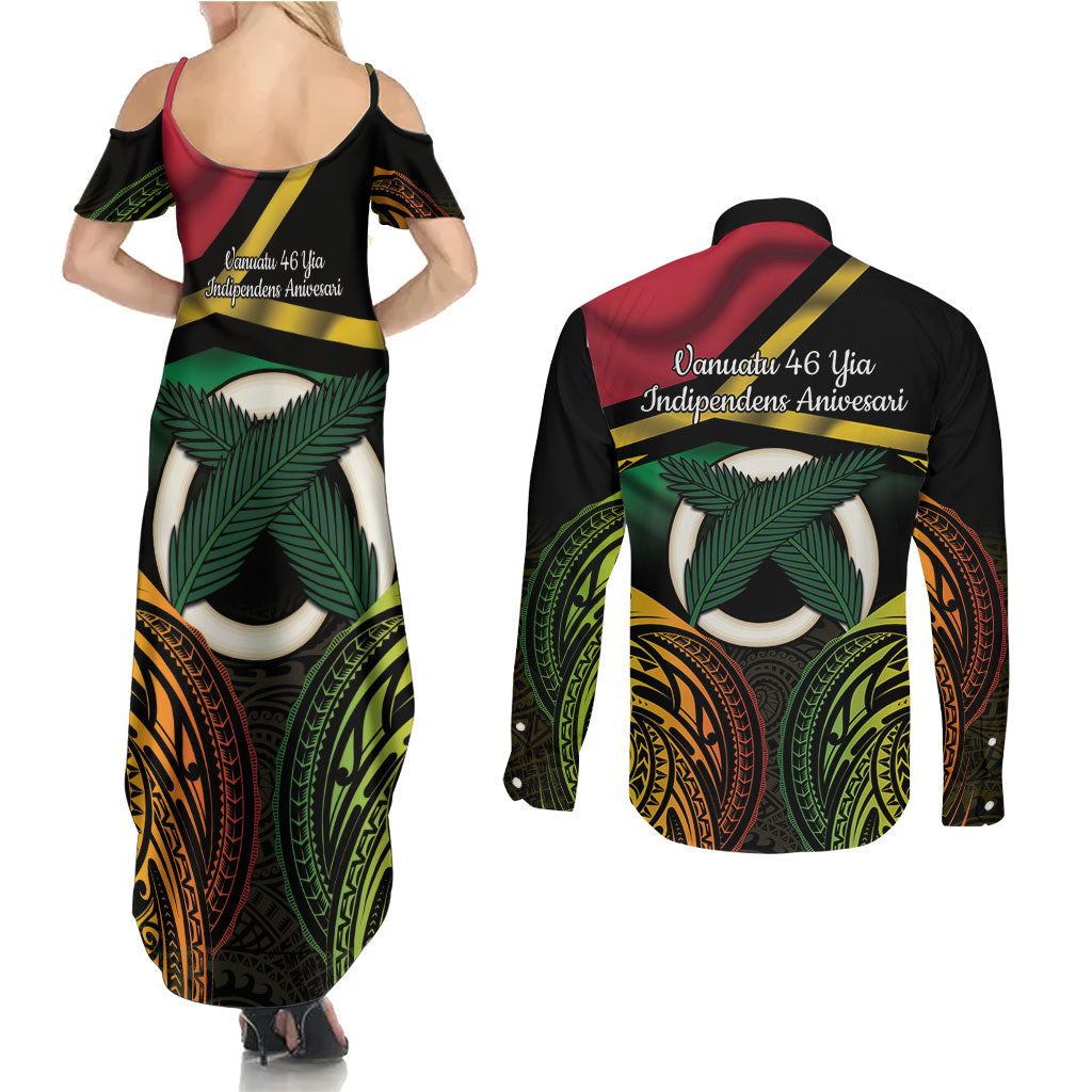 Vanuatu 1980 Couples Matching Summer Maxi Dress and Long Sleeve Button Shirt Hapi 46 Yia Indipendens Anivesari LT14 - Polynesian Pride