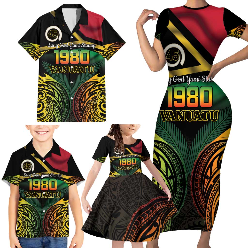 Vanuatu 1980 Family Matching Short Sleeve Bodycon Dress and Hawaiian Shirt Hapi 45 Yia Indipendens Anivesari