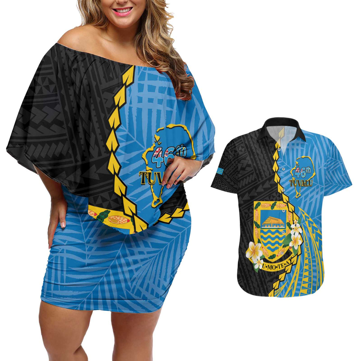 Tuvalu Independence Day Couples Matching Off Shoulder Short Dress and Hawaiian Shirt Manuia te tutokotasi o Tuvaluan Dolphin Tattoo LT14 Blue - Polynesian Pride