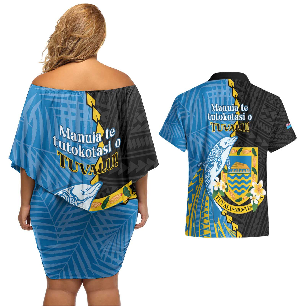 Tuvalu Independence Day Couples Matching Off Shoulder Short Dress and Hawaiian Shirt Manuia te tutokotasi o Tuvaluan Dolphin Tattoo LT14 - Polynesian Pride