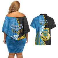 Tuvalu Independence Day Couples Matching Off Shoulder Short Dress and Hawaiian Shirt Manuia te tutokotasi o Tuvaluan Dolphin Tattoo LT14 - Polynesian Pride