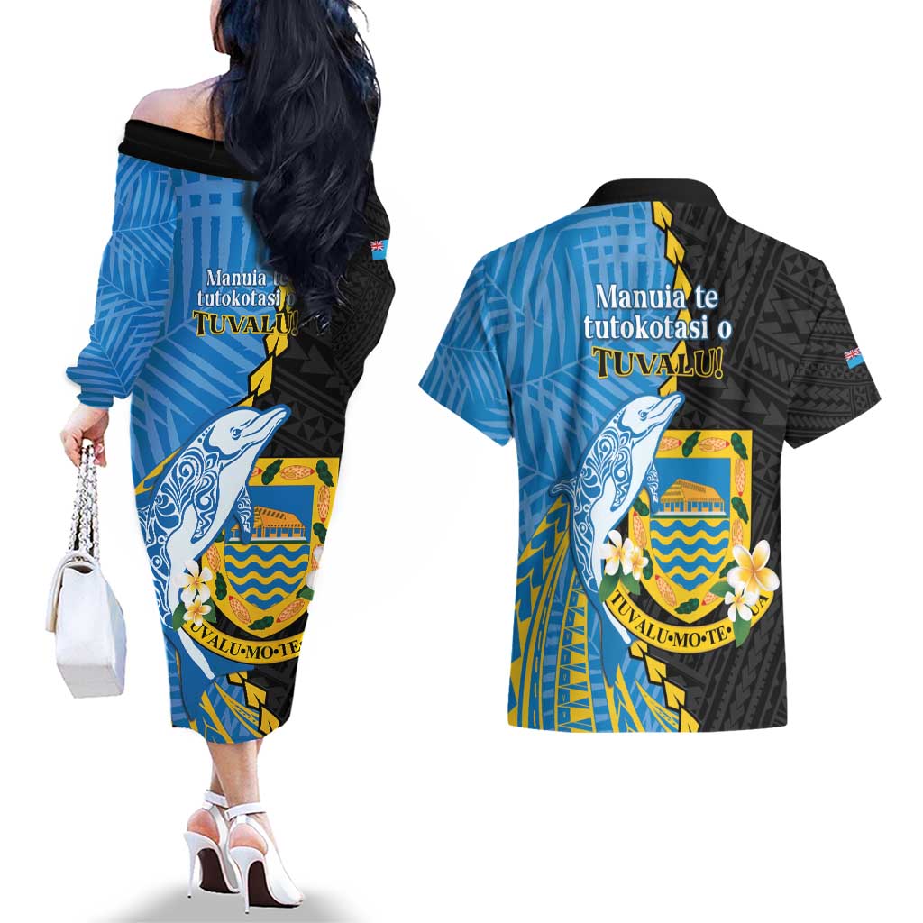 Tuvalu Independence Day Couples Matching Off The Shoulder Long Sleeve Dress and Hawaiian Shirt Manuia te tutokotasi o Tuvaluan Dolphin Tattoo