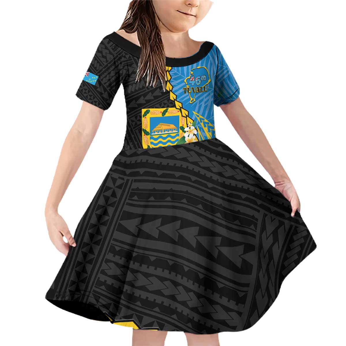 Tuvalu Independence Day Family Matching Off Shoulder Short Dress and Hawaiian Shirt Manuia te tutokotasi o Tuvaluan Dolphin Tattoo LT14 Daughter's Dress Blue - Polynesian Pride