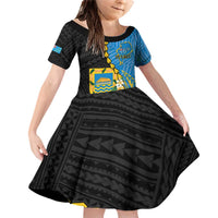 Tuvalu Independence Day Family Matching Off Shoulder Short Dress and Hawaiian Shirt Manuia te tutokotasi o Tuvaluan Dolphin Tattoo LT14 Daughter's Dress Blue - Polynesian Pride