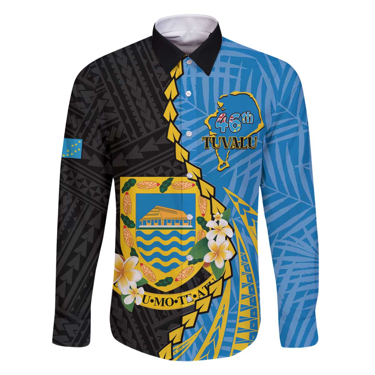 Tuvalu Independence Day Family Matching Off Shoulder Short Dress and Hawaiian Shirt Manuia te tutokotasi o Tuvaluan Dolphin Tattoo LT14 Dad's Shirt - Long Sleeve Blue - Polynesian Pride
