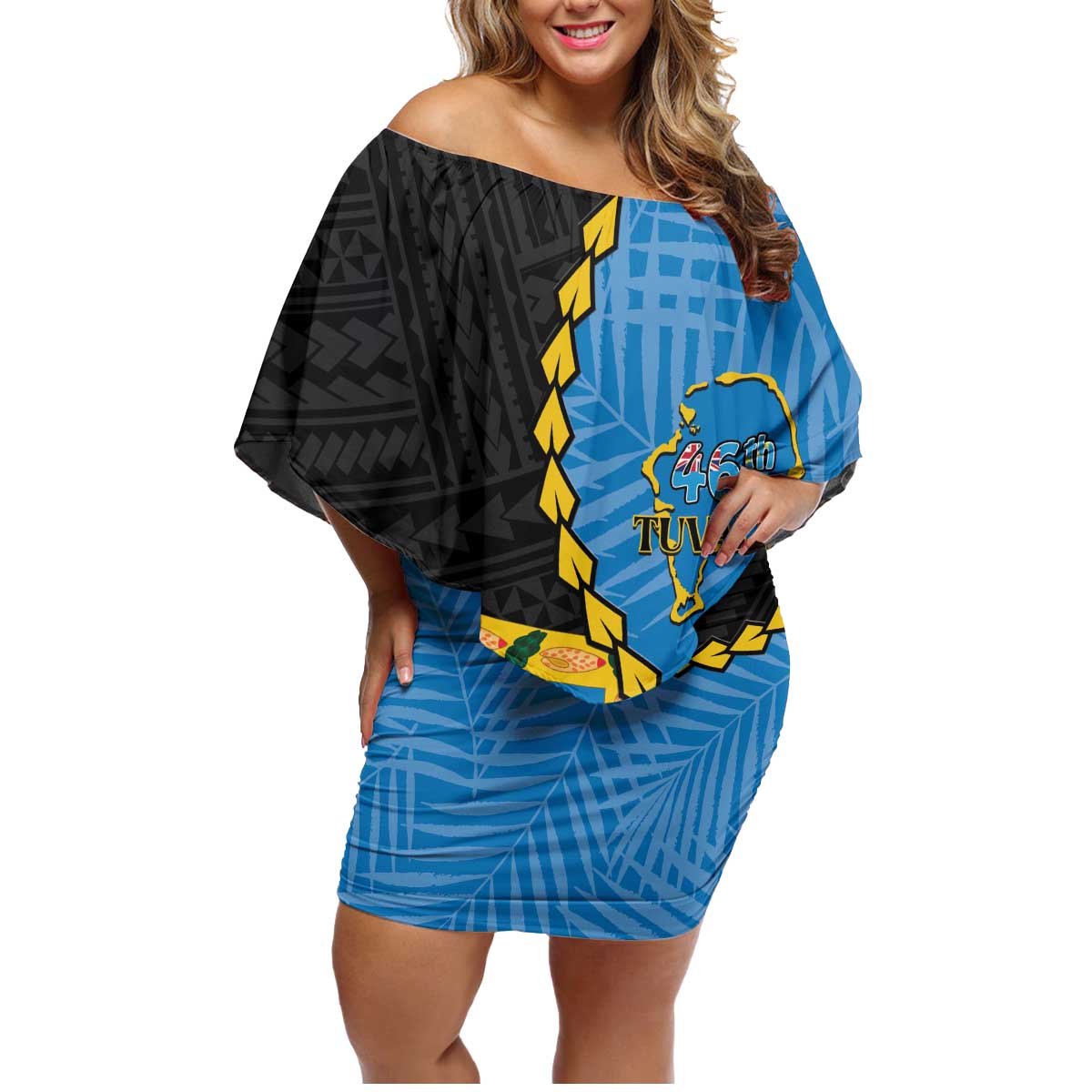 Tuvalu Independence Day Family Matching Off Shoulder Short Dress and Hawaiian Shirt Manuia te tutokotasi o Tuvaluan Dolphin Tattoo LT14 Mom's Dress Blue - Polynesian Pride