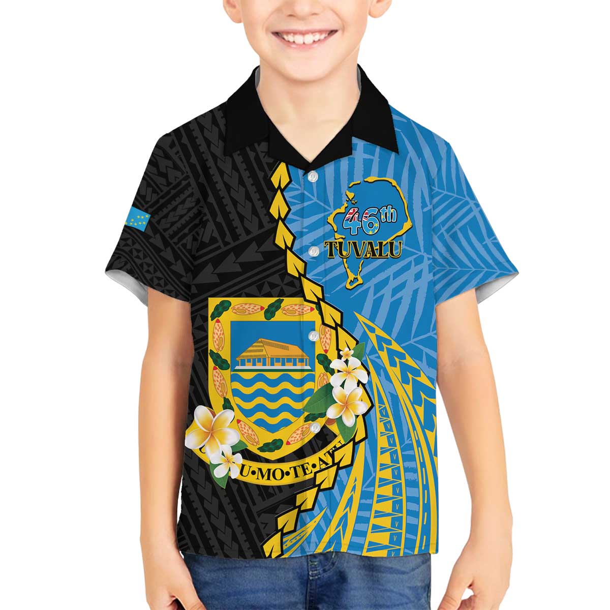 Tuvalu Independence Day Family Matching Off Shoulder Short Dress and Hawaiian Shirt Manuia te tutokotasi o Tuvaluan Dolphin Tattoo LT14 Son's Shirt Blue - Polynesian Pride