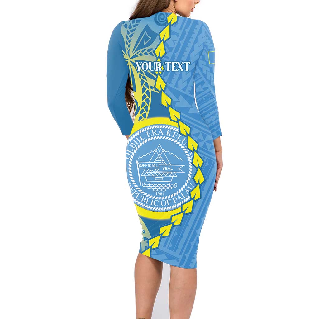 Personalised Palau Independence Day Family Matching Long Sleeve Bodycon Dress and Hawaiian Shirt Belau Coat Of Arms Polynesian Curve Style