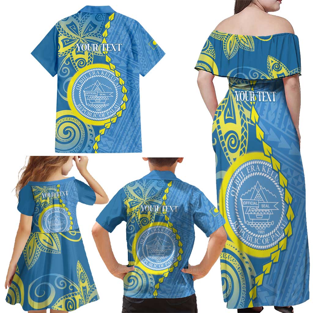 Personalised Palau Independence Day Family Matching Off Shoulder Maxi Dress and Hawaiian Shirt Belau Coat Of Arms Polynesian Curve Style