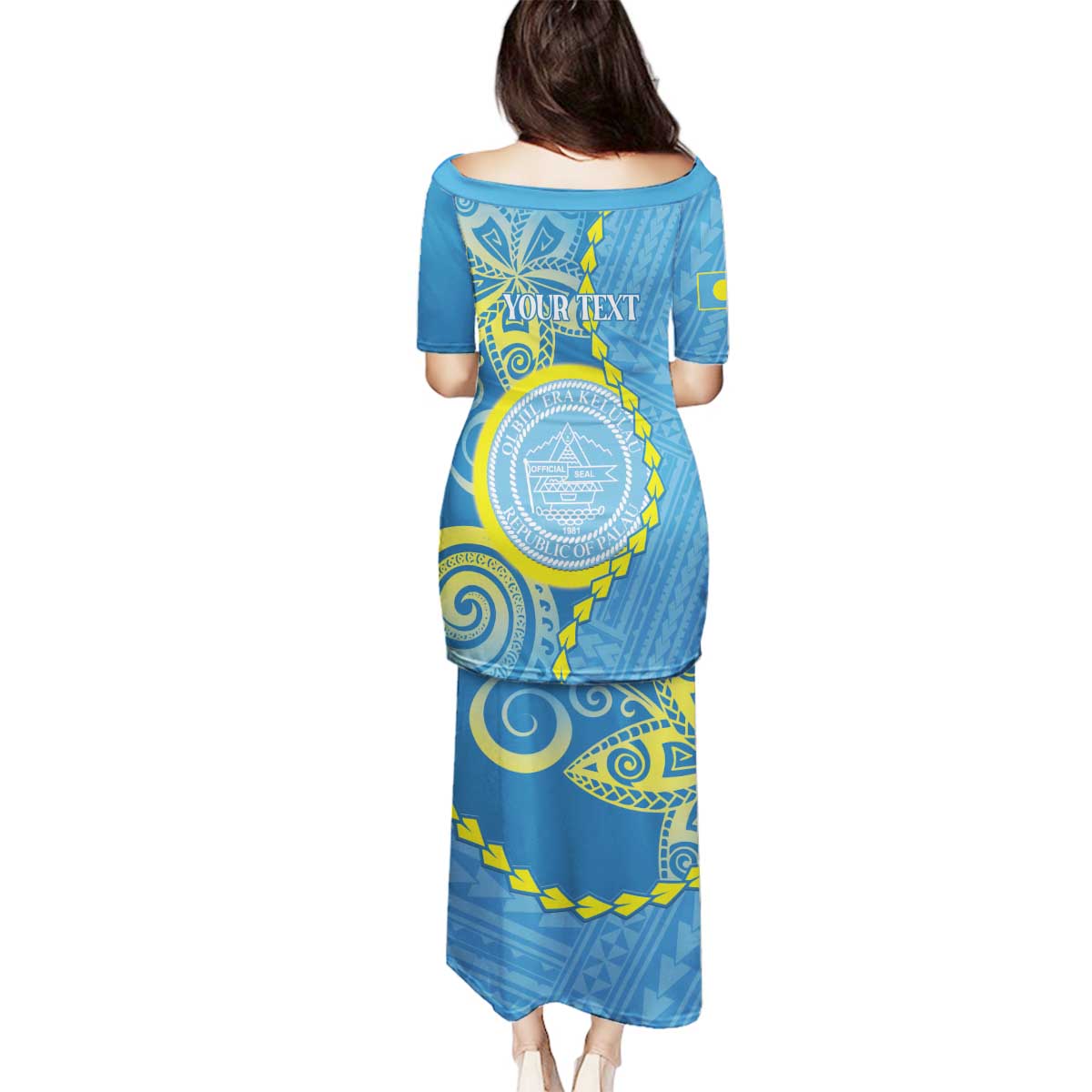 Personalised Palau Independence Day Family Matching Puletasi and Hawaiian Shirt Belau Coat Of Arms Polynesian Curve Style