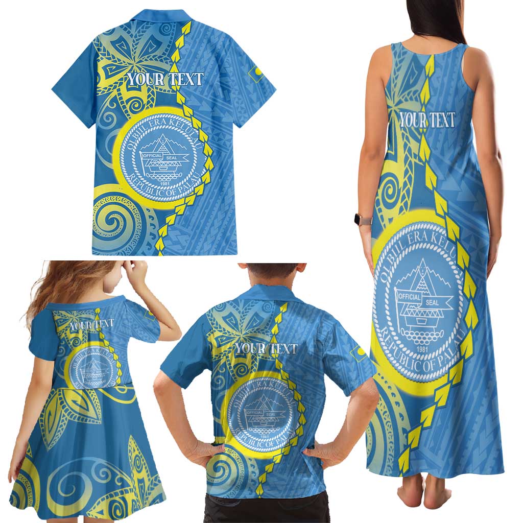 Personalised Palau Independence Day Family Matching Tank Maxi Dress and Hawaiian Shirt Belau Coat Of Arms Polynesian Curve Style