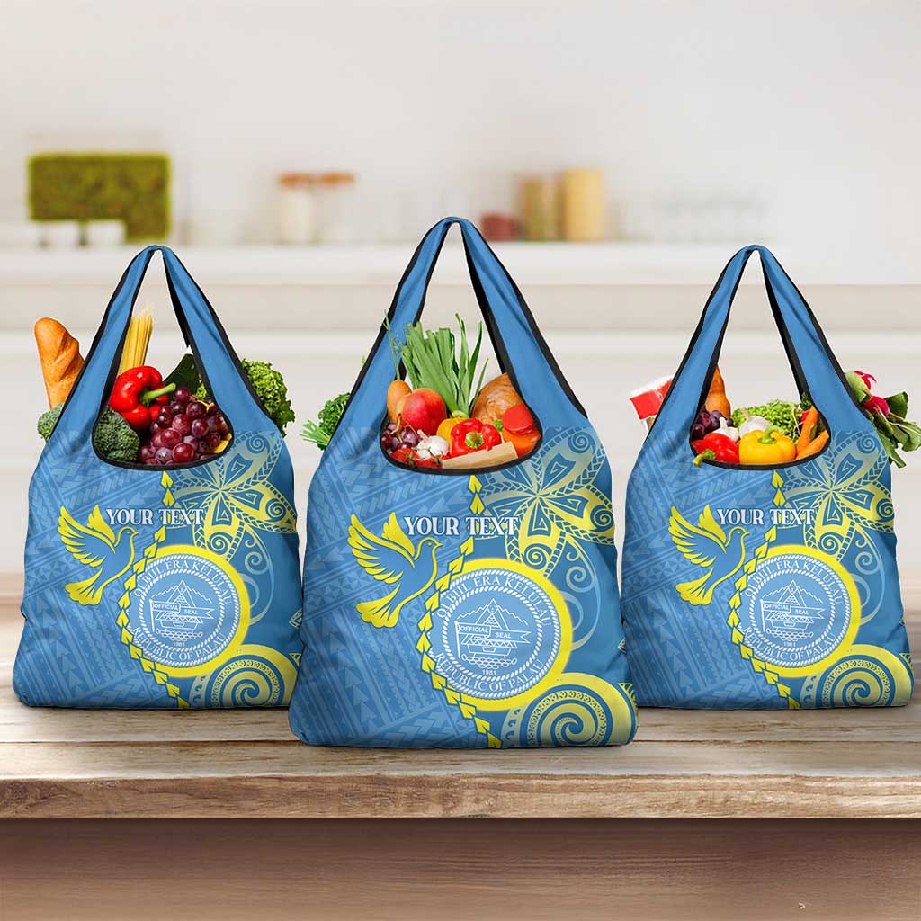 Personalised Palau Independence Day Grocery Bag Belau Coat Of Arms Polynesian Curve Style LT14 3-pack One Size Blue - Polynesian Pride