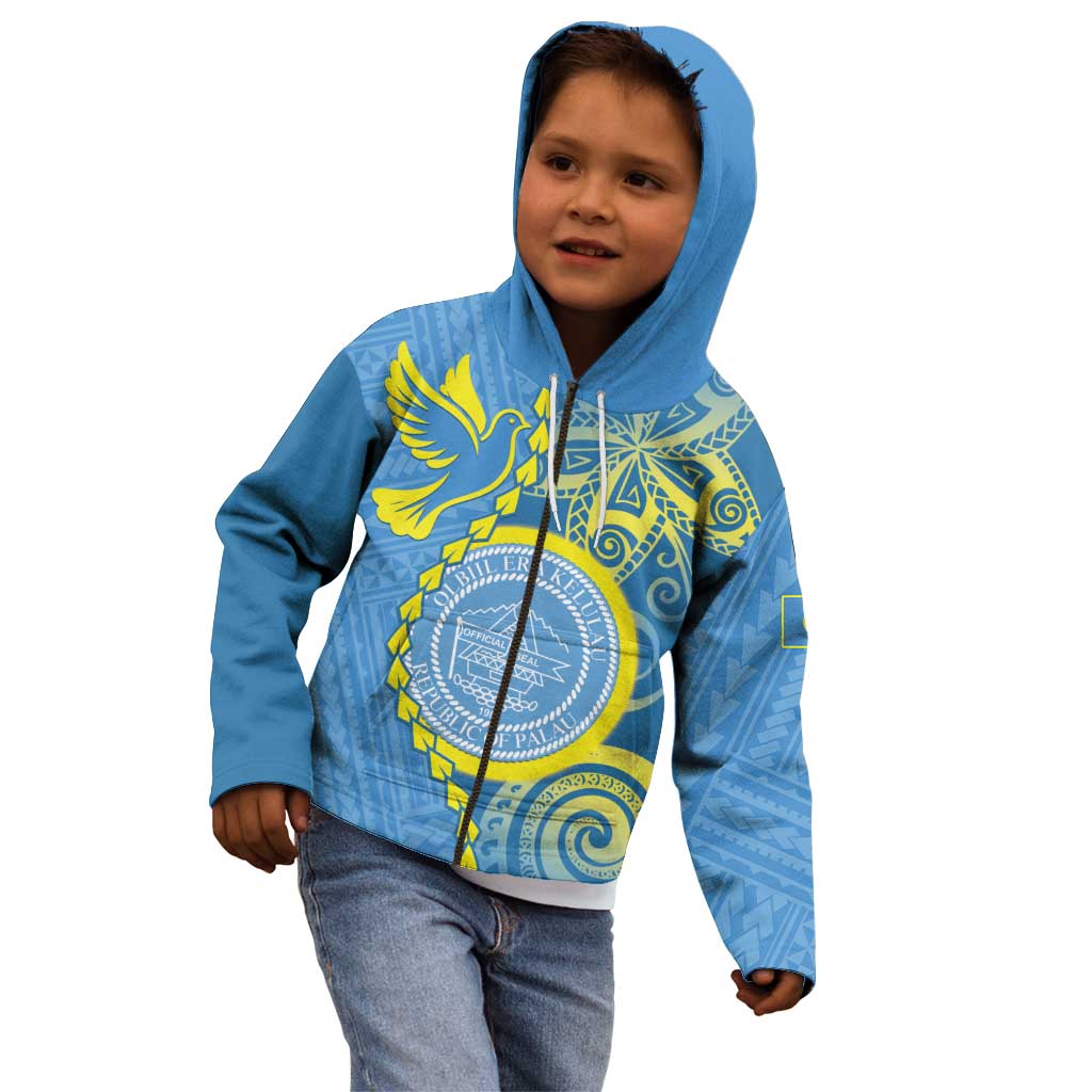 Personalised Palau Independence Day Kid Hoodie Belau Coat Of Arms Polynesian Curve Style
