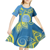 Personalised Palau Independence Day Kid Short Sleeve Dress Belau Coat Of Arms Polynesian Curve Style