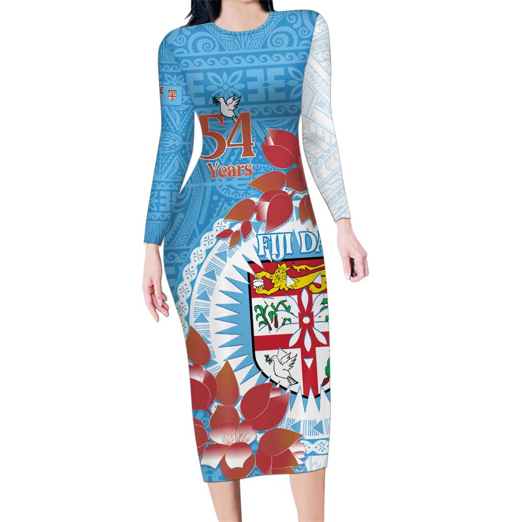 Personalised Fiji Day Family Matching Long Sleeve Bodycon Dress and Hawaiian Shirt Fijian Tapa Pattern Mix Tagimoucia - Blue Version