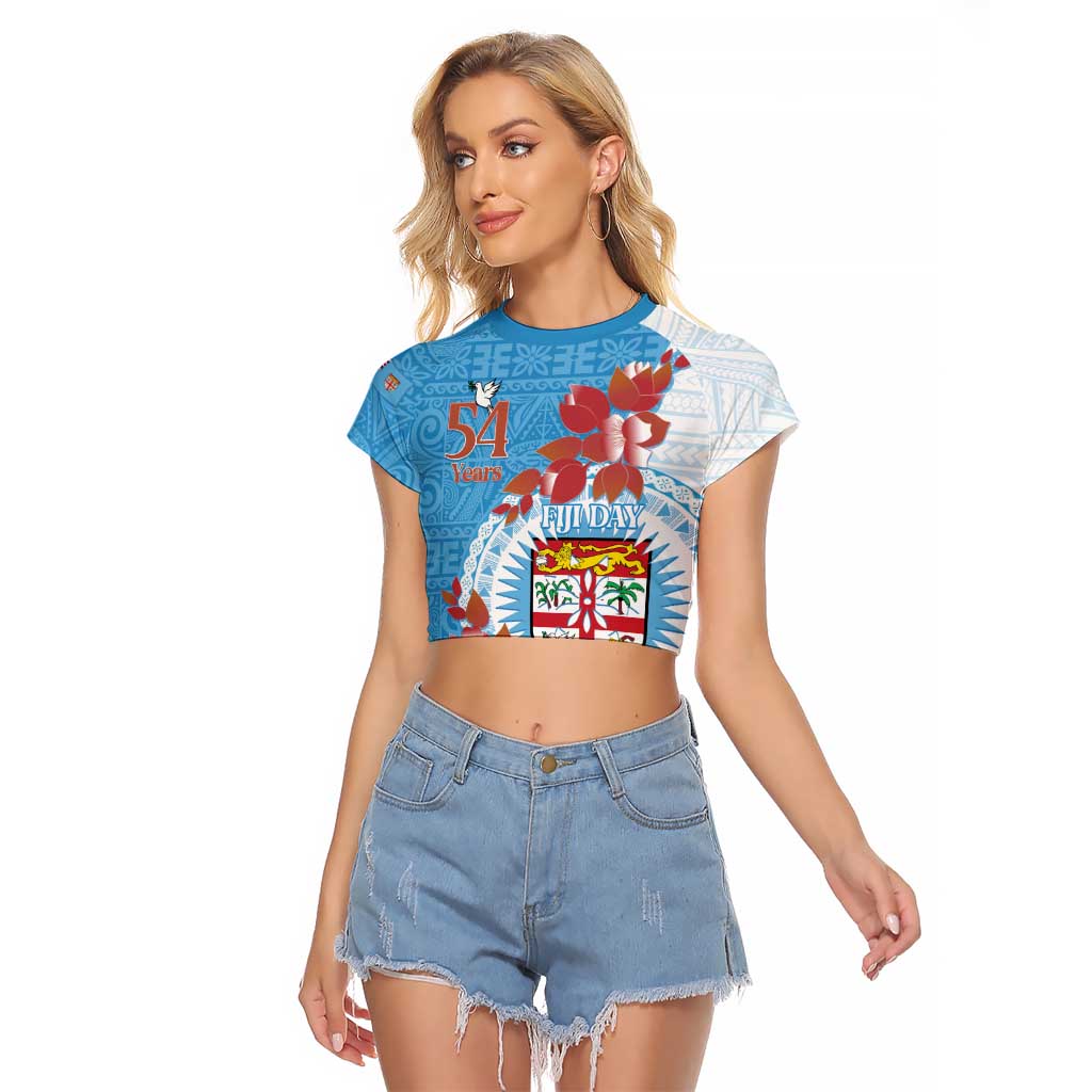 Personalised Fiji Day Raglan Cropped T Shirt Fijian Tapa Pattern Mix Tagimoucia - Blue Version LT14 Female Blue - Polynesian Pride