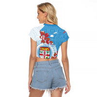 Personalised Fiji Day Raglan Cropped T Shirt Fijian Tapa Pattern Mix Tagimoucia - Blue Version LT14 - Polynesian Pride