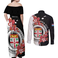 Personalised Fiji Day Couples Matching Off Shoulder Maxi Dress and Long Sleeve Button Shirt Fijian Tapa Pattern Mix Tagimoucia - Black Version