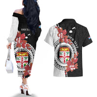 Personalised Fiji Day Couples Matching Off The Shoulder Long Sleeve Dress and Hawaiian Shirt Fijian Tapa Pattern Mix Tagimoucia - Black Version