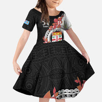 Personalised Fiji Day Family Matching Short Sleeve Bodycon Dress and Hawaiian Shirt Fijian Tapa Pattern Mix Tagimoucia - Black Version