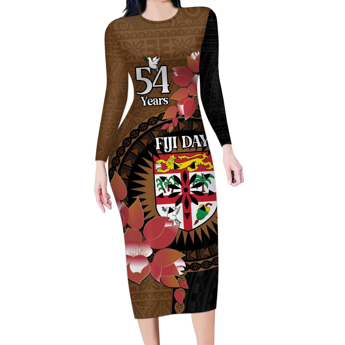 Personalised Fiji Day Long Sleeve Bodycon Dress Fijian Tapa Pattern Mix Tagimoucia - Brown Version