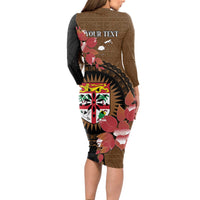 Personalised Fiji Day Long Sleeve Bodycon Dress Fijian Tapa Pattern Mix Tagimoucia - Brown Version