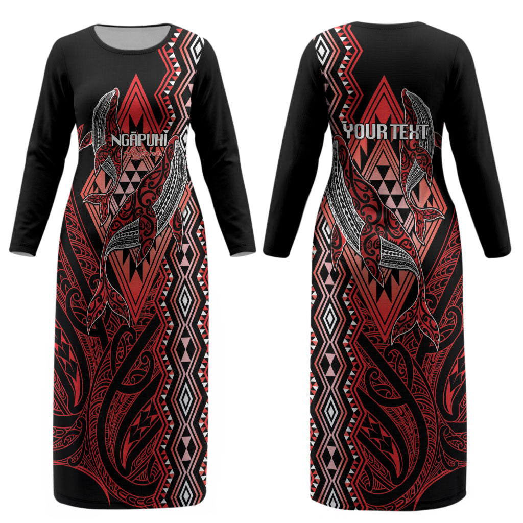 Aotearoa Iwi Ngapuhi Personalised Couples Matching Long Sleeve Bodycon Dress and Hawaiian Shirt NZ Maori Humpback Whale Taniko Motifs LT14 - Polynesian Pride