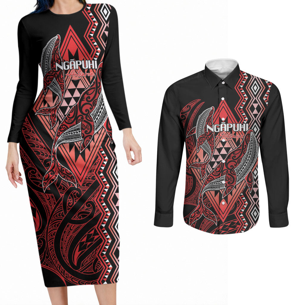 Aotearoa Iwi Ngapuhi Personalised Couples Matching Long Sleeve Bodycon Dress and Long Sleeve Button Shirt NZ Maori Humpback Whale Taniko Motifs LT14 Red - Polynesian Pride