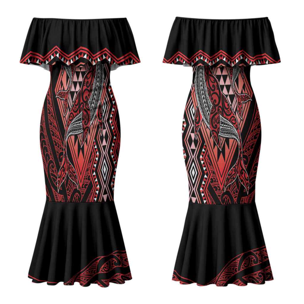 Aotearoa Iwi Ngapuhi Personalised Couples Matching Mermaid Dress and Long Sleeve Button Shirt NZ Maori Humpback Whale Taniko Motifs LT14 - Polynesian Pride