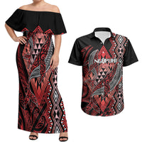 Aotearoa Iwi Ngapuhi Personalised Couples Matching Off Shoulder Maxi Dress and Hawaiian Shirt NZ Maori Humpback Whale Taniko Motifs LT14 Red - Polynesian Pride