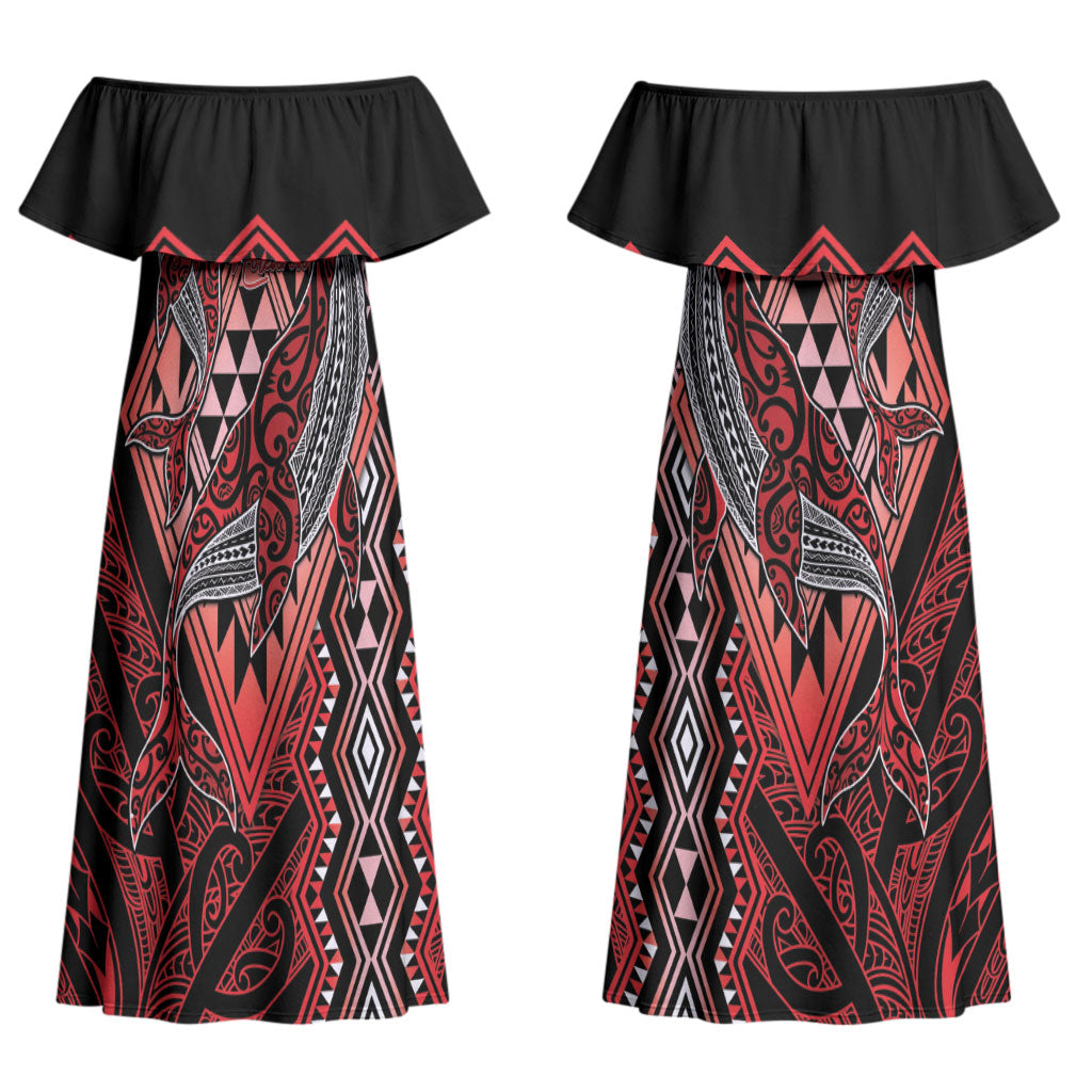 Aotearoa Iwi Ngapuhi Personalised Couples Matching Off Shoulder Maxi Dress and Hawaiian Shirt NZ Maori Humpback Whale Taniko Motifs LT14 - Polynesian Pride