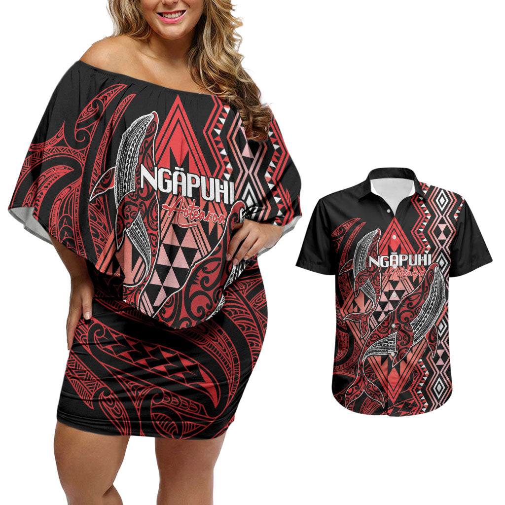 Aotearoa Iwi Ngapuhi Personalised Couples Matching Off Shoulder Short Dress and Hawaiian Shirt NZ Maori Humpback Whale Taniko Motifs LT14 Red - Polynesian Pride