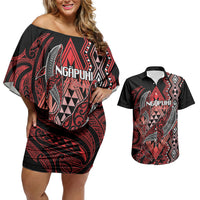 Aotearoa Iwi Ngapuhi Personalised Couples Matching Off Shoulder Short Dress and Hawaiian Shirt NZ Maori Humpback Whale Taniko Motifs LT14 Red - Polynesian Pride