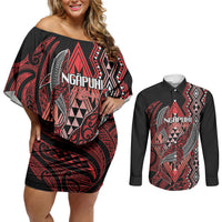 Aotearoa Iwi Ngapuhi Personalised Couples Matching Off Shoulder Short Dress and Long Sleeve Button Shirt NZ Maori Humpback Whale Taniko Motifs LT14 Red - Polynesian Pride