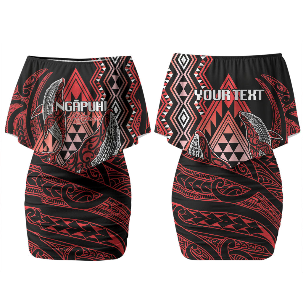 Aotearoa Iwi Ngapuhi Personalised Couples Matching Off Shoulder Short Dress and Long Sleeve Button Shirt NZ Maori Humpback Whale Taniko Motifs LT14 - Polynesian Pride