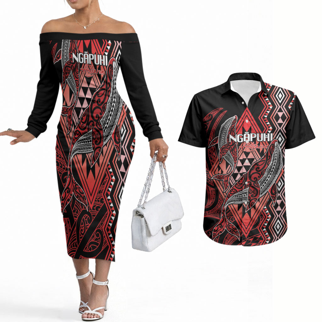 Aotearoa Iwi Ngapuhi Personalised Couples Matching Off The Shoulder Long Sleeve Dress and Hawaiian Shirt NZ Maori Humpback Whale Taniko Motifs LT14 Red - Polynesian Pride