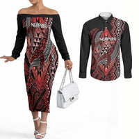 Aotearoa Iwi Ngapuhi Personalised Couples Matching Off The Shoulder Long Sleeve Dress and Long Sleeve Button Shirt NZ Maori Humpback Whale Taniko Motifs LT14 Red - Polynesian Pride
