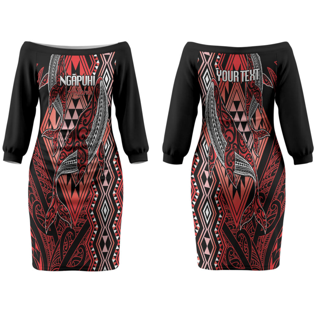 Aotearoa Iwi Ngapuhi Personalised Couples Matching Off The Shoulder Long Sleeve Dress and Long Sleeve Button Shirt NZ Maori Humpback Whale Taniko Motifs LT14 - Polynesian Pride