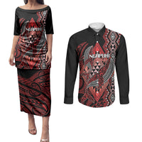 Aotearoa Iwi Ngapuhi Personalised Couples Matching Puletasi and Long Sleeve Button Shirt NZ Maori Humpback Whale Taniko Motifs LT14 Red - Polynesian Pride