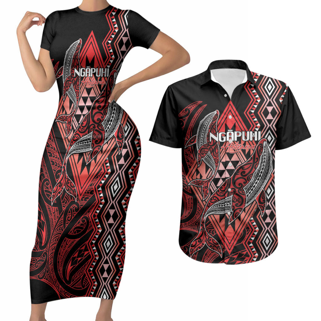 Aotearoa Iwi Ngapuhi Personalised Couples Matching Short Sleeve Bodycon Dress and Hawaiian Shirt NZ Maori Humpback Whale Taniko Motifs LT14 Red - Polynesian Pride