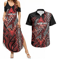 Aotearoa Iwi Ngapuhi Personalised Couples Matching Summer Maxi Dress and Hawaiian Shirt NZ Maori Humpback Whale Taniko Motifs LT14 Red - Polynesian Pride