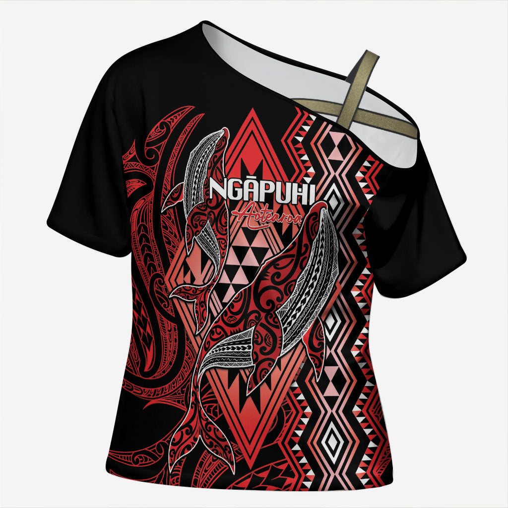 Aotearoa Iwi Ngapuhi Personalised Cross Shoulder Shirt NZ Maori Humpback Whale Taniko Motifs LT14 Female Red - Polynesian Pride
