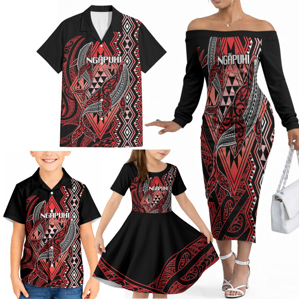 Aotearoa Iwi Ngapuhi Personalised Family Matching Off The Shoulder Long Sleeve Dress and Hawaiian Shirt NZ Maori Humpback Whale Taniko Motifs LT14 - Polynesian Pride