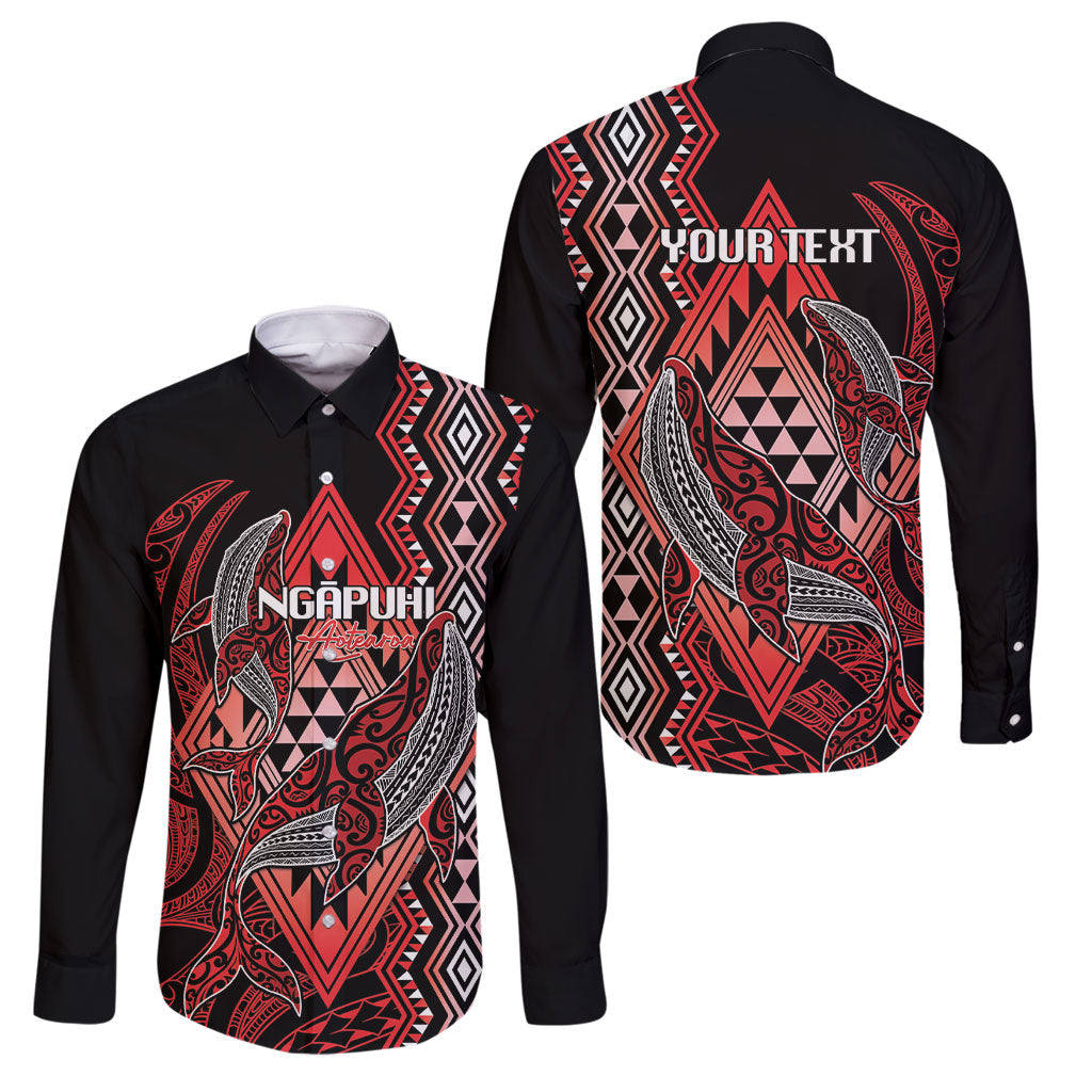 Aotearoa Iwi Ngapuhi Personalised Family Matching Off Shoulder Short Dress and Hawaiian Shirt NZ Maori Humpback Whale Taniko Motifs LT14 Dad's Shirt - Long Sleeve Red - Polynesian Pride